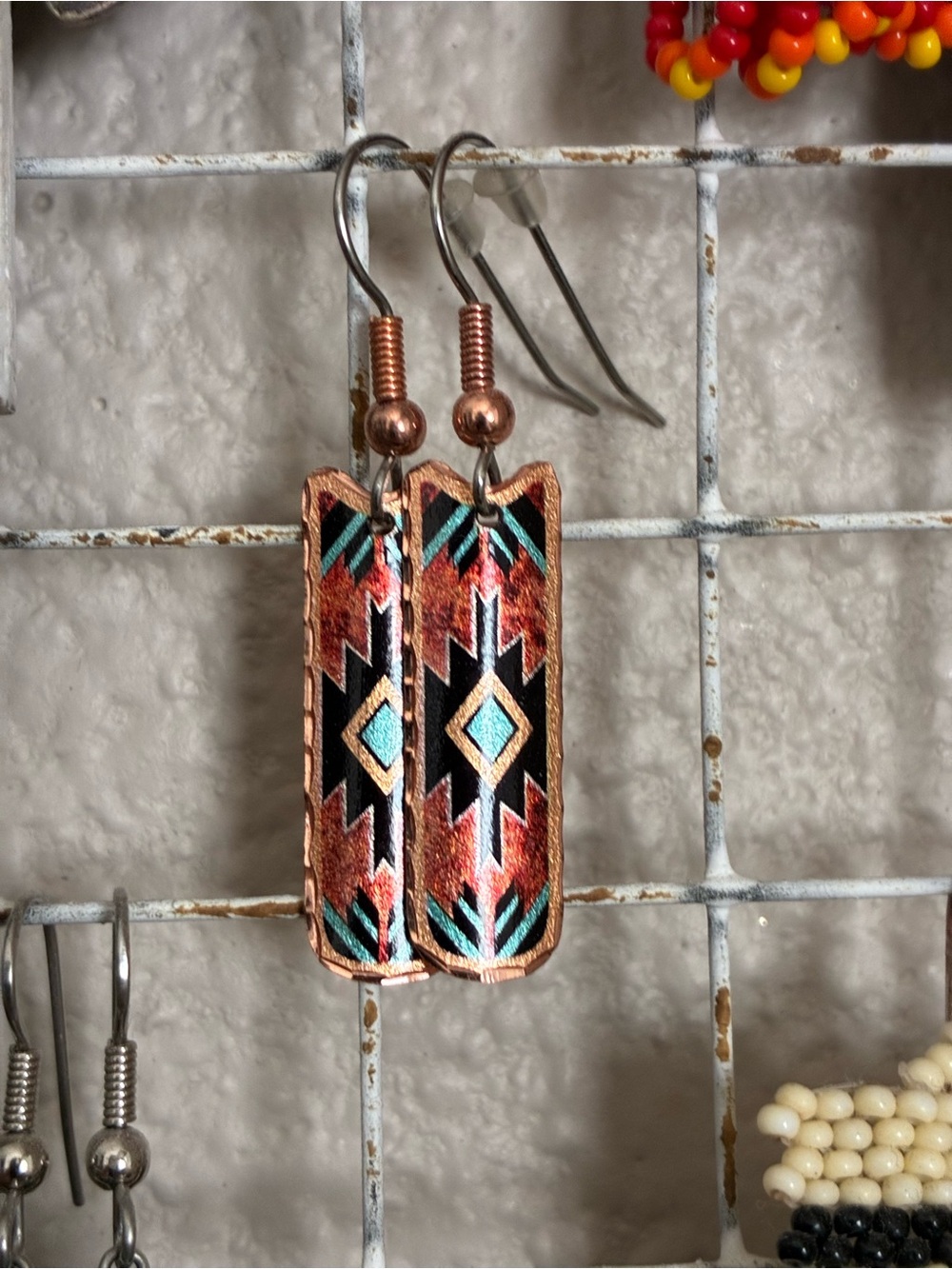 Southwestern Pattern Copper-Tone Leather Dangle Earrings in Turquoise and Black